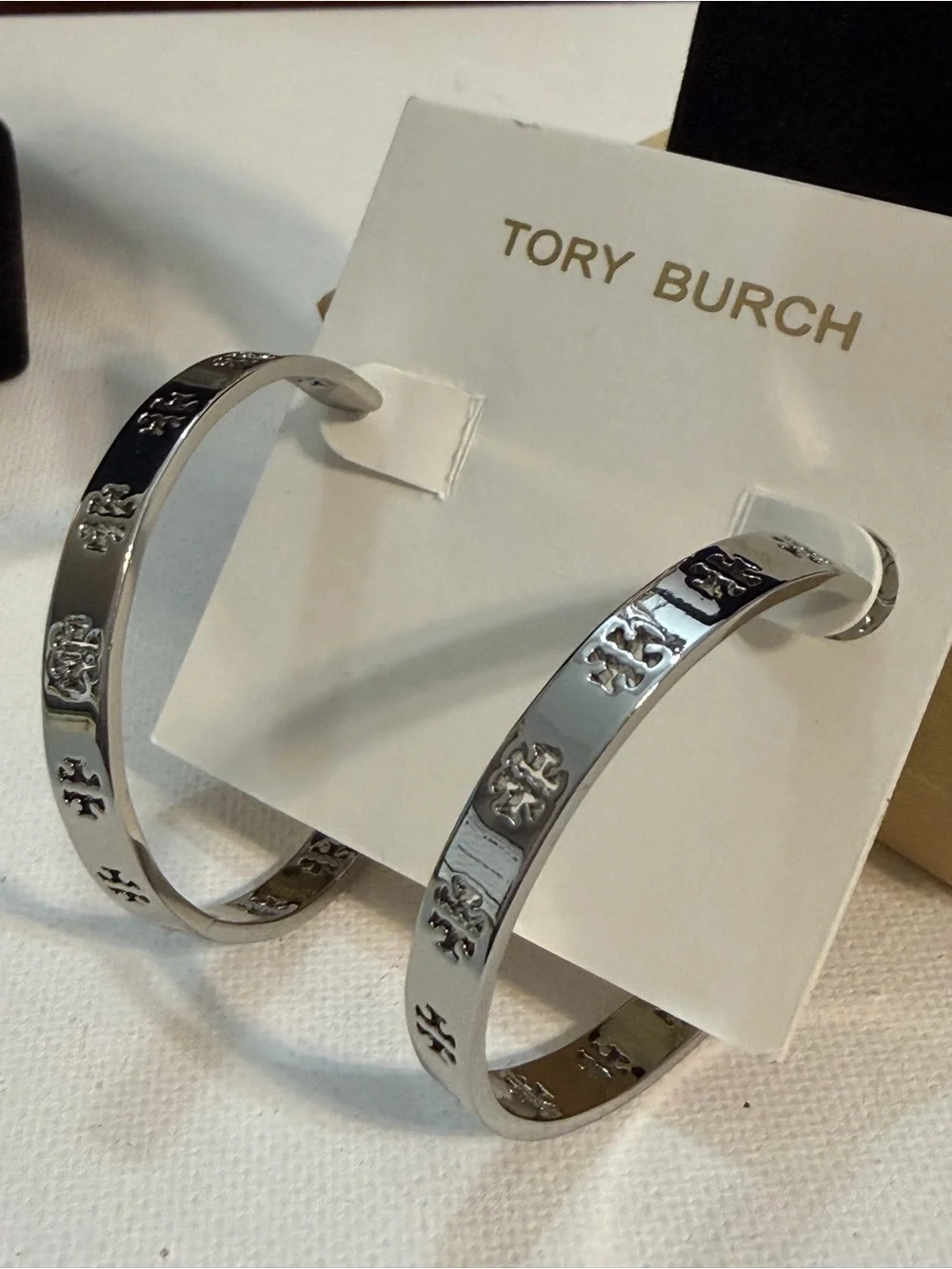 Tory Burch Silver Pierced T Cutout Double Logo Hoop Earrings NWT